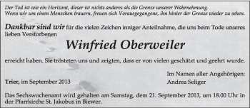 Traueranzeige von Winfried Oberbweiler von TRIERISCHER VOLKSFREUND