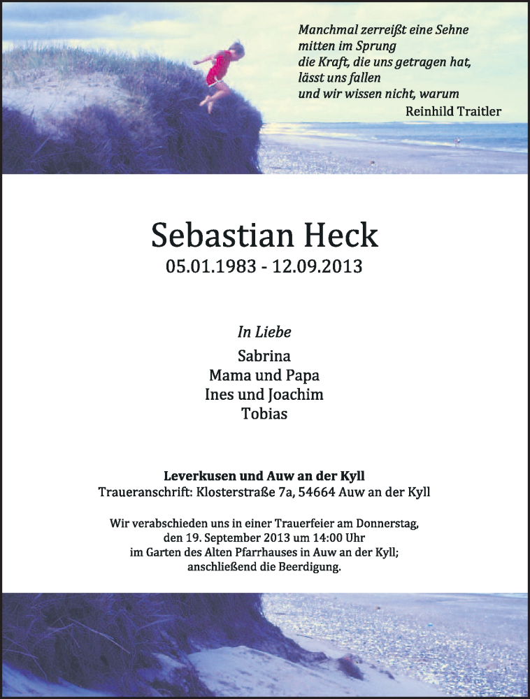  Traueranzeige für Sebastian Heck vom 17.09.2013 aus TRIERISCHER VOLKSFREUND