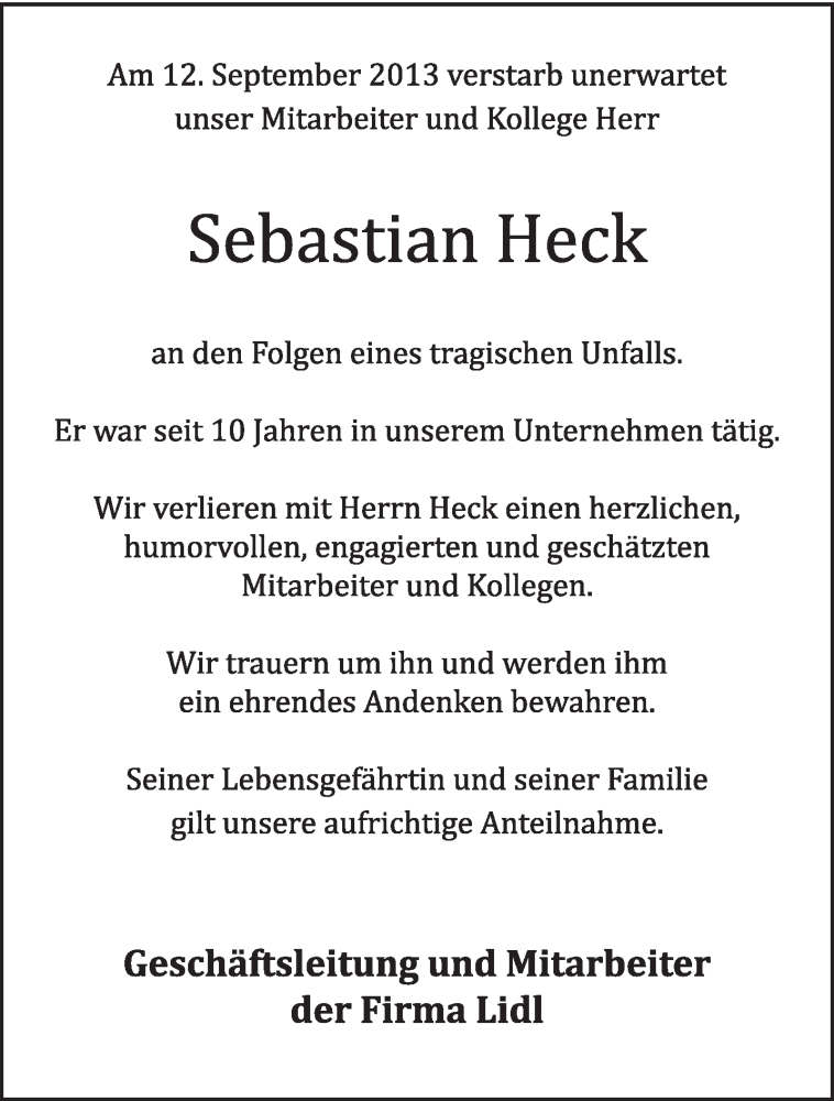  Traueranzeige für Sebastian Heck vom 17.09.2013 aus TRIERISCHER VOLKSFREUND