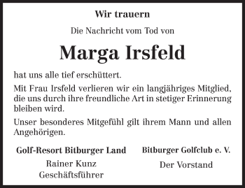 Traueranzeige von Marga Irsfeld von TRIERISCHER VOLKSFREUND