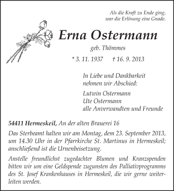 Traueranzeige von Erna Ostermann von TRIERISCHER VOLKSFREUND