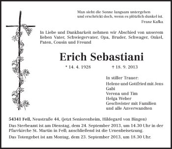 Traueranzeige von Erich Sebastiani von TRIERISCHER VOLKSFREUND