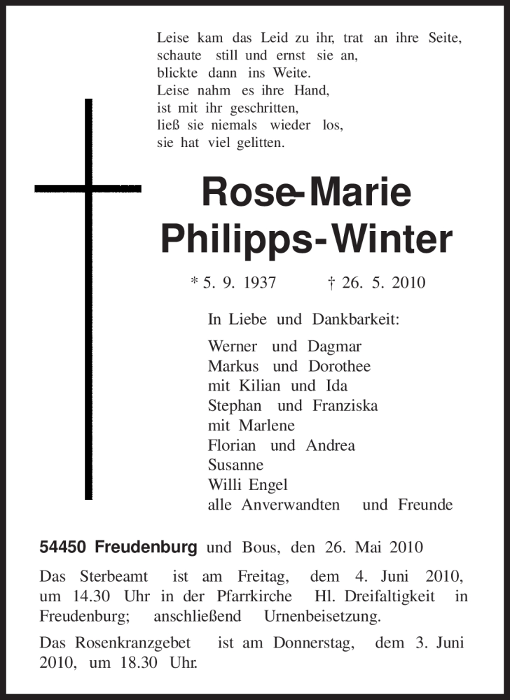  Traueranzeige für Rose-Marie Philipps-Winter vom 31.05.2010 aus TRIERISCHER VOLKSFREUND