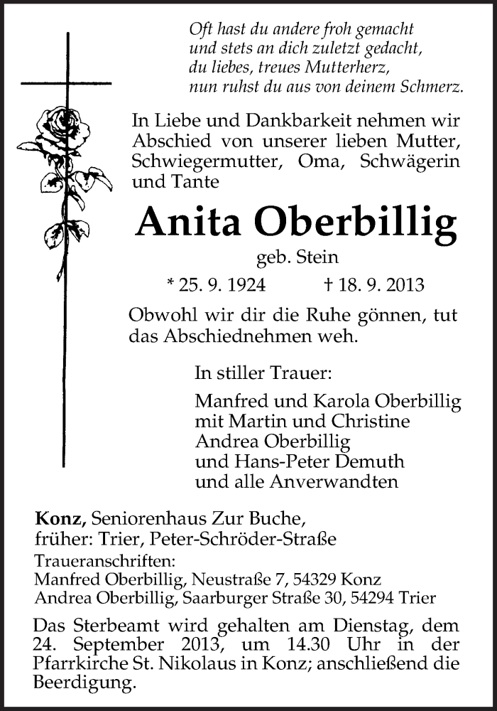  Traueranzeige für Anita Oberbillig vom 21.09.2013 aus TRIERISCHER VOLKSFREUND