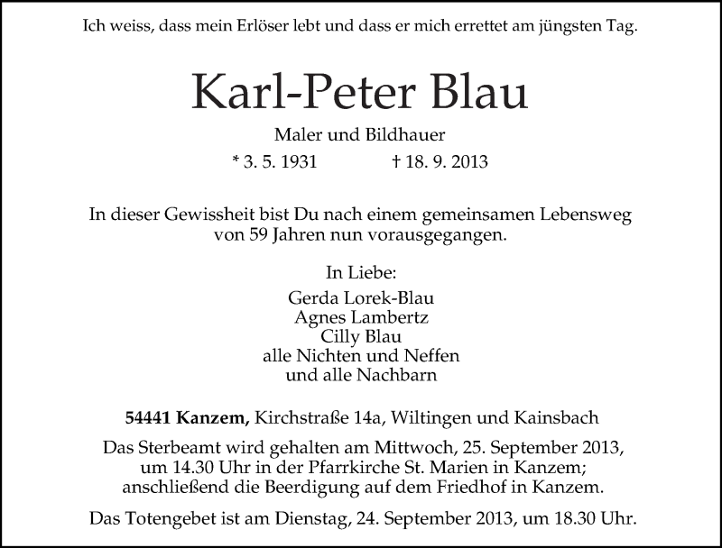  Traueranzeige für Karl-Peter Blau vom 21.09.2013 aus TRIERISCHER VOLKSFREUND