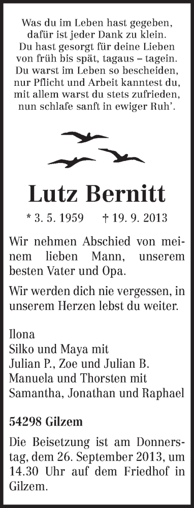  Traueranzeige für Lutz Bernitt vom 24.09.2013 aus TRIERISCHER VOLKSFREUND