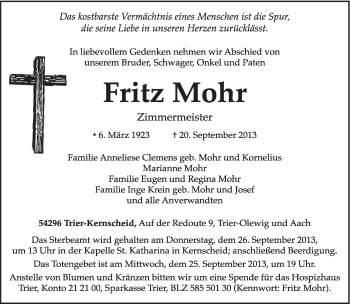 Traueranzeige von Fritz Mohr von TRIERISCHER VOLKSFREUND