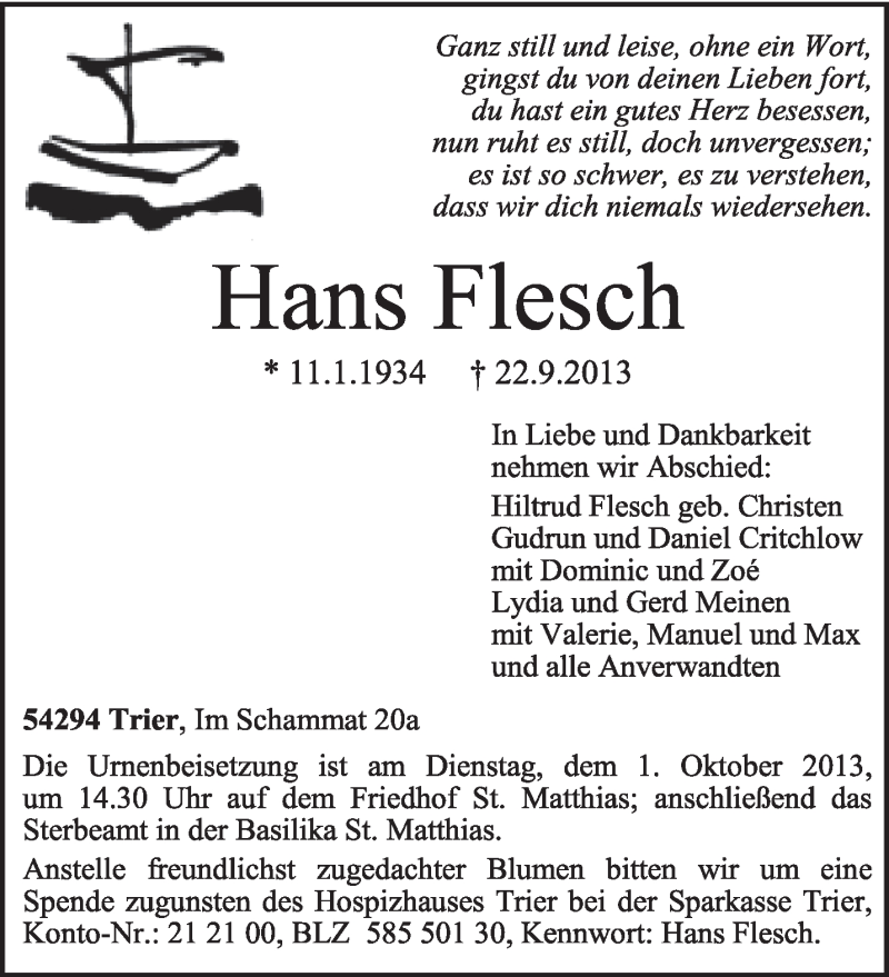  Traueranzeige für Hans Flesch vom 25.09.2013 aus TRIERISCHER VOLKSFREUND