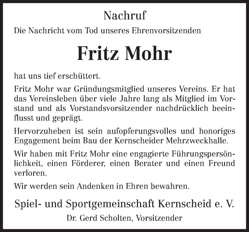  Traueranzeige für Fritz Mohr vom 25.09.2013 aus TRIERISCHER VOLKSFREUND