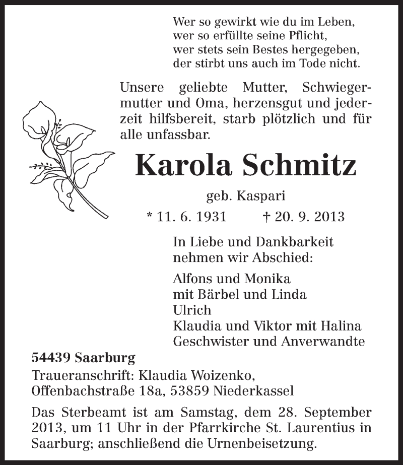  Traueranzeige für Karola Schmitz vom 25.09.2013 aus TRIERISCHER VOLKSFREUND