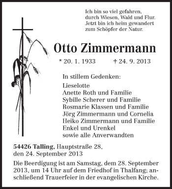 Traueranzeige von Otto Zimmermann von TRIERISCHER VOLKSFREUND