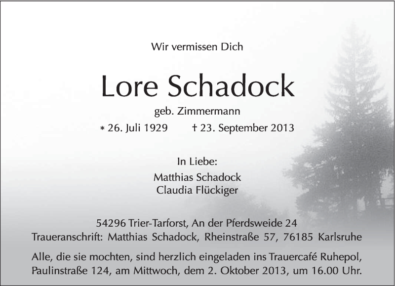  Traueranzeige für Lore Schadock vom 27.09.2013 aus TRIERISCHER VOLKSFREUND