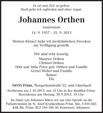 Traueranzeige von Johannes Orthen von TRIERISCHER VOLKSFREUND