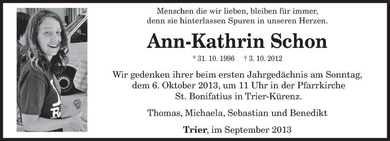  Traueranzeige für Ann-Kathrin Schon vom 28.09.2013 aus TRIERISCHER VOLKSFREUND