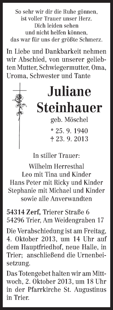  Traueranzeige für Juliane Steinhauer vom 01.10.2013 aus TRIERISCHER VOLKSFREUND