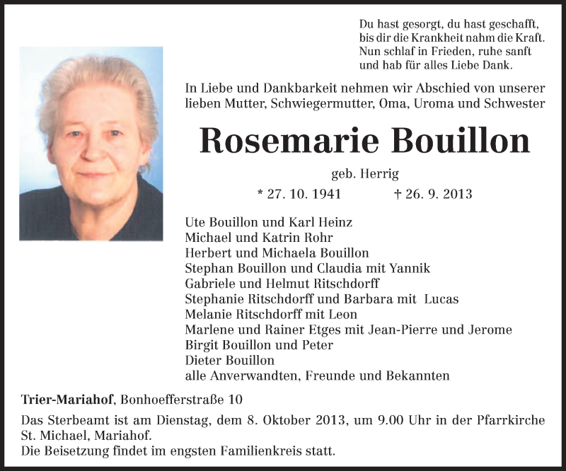  Traueranzeige für Rosemarie Bouillon vom 05.10.2013 aus TRIERISCHER VOLKSFREUND