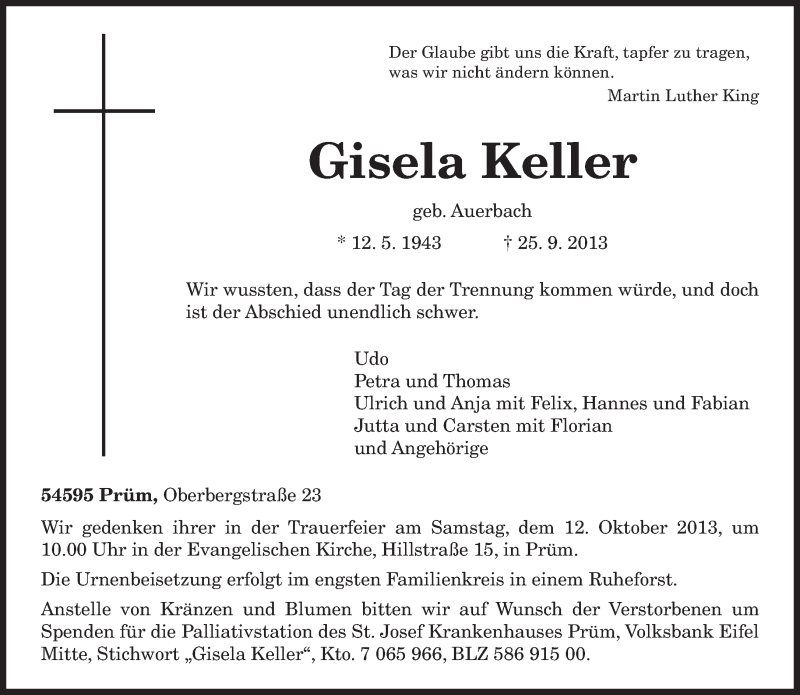  Traueranzeige für Gisela Keller vom 03.10.2013 aus TRIERISCHER VOLKSFREUND