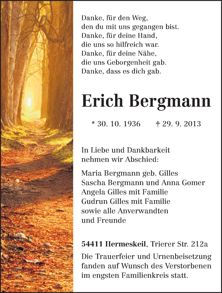  Traueranzeige für Erich Bergmann vom 05.10.2013 aus TRIERISCHER VOLKSFREUND