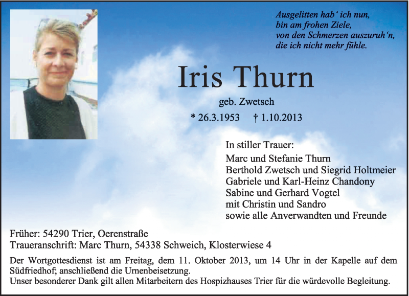 Traueranzeigen Von Iris Thurn Volksfreund Trauer De