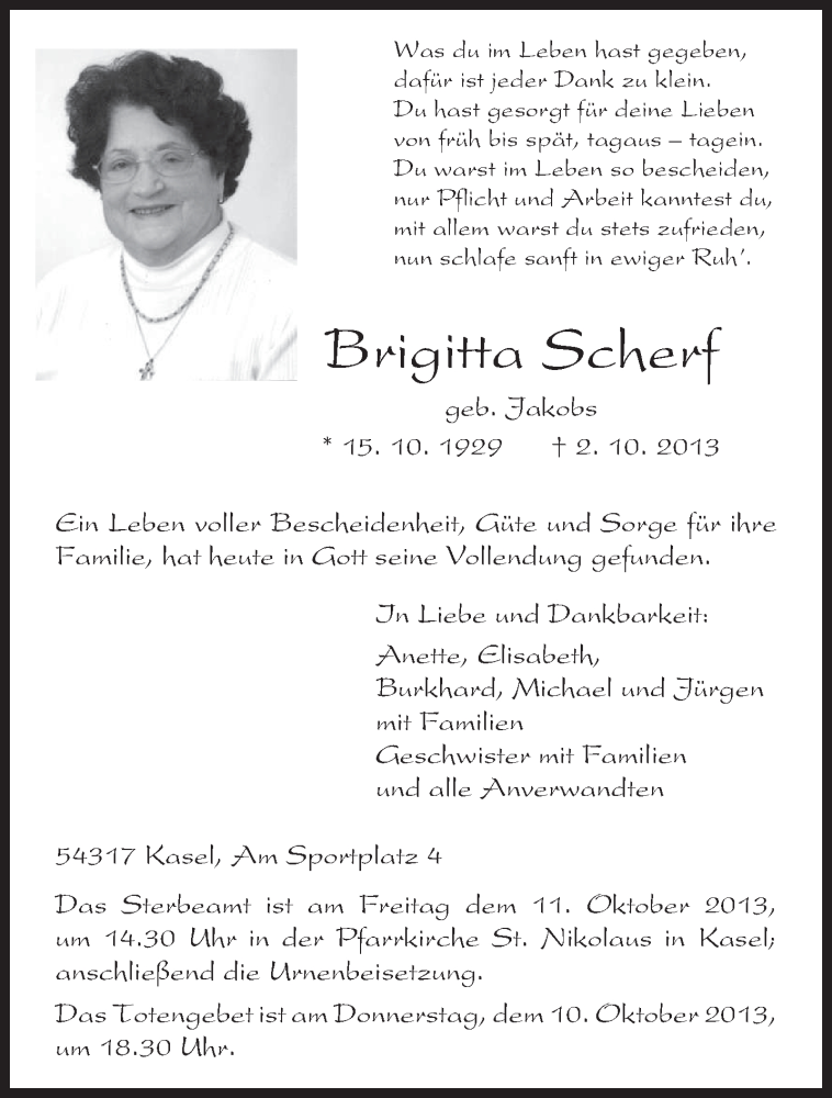  Traueranzeige für Brigitta Scherf vom 08.10.2013 aus TRIERISCHER VOLKSFREUND