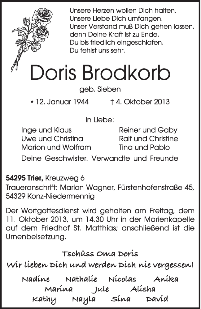  Traueranzeige für Doris Brodkorb vom 09.10.2013 aus TRIERISCHER VOLKSFREUND