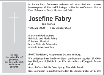 Traueranzeige von Josefine Fabry von TRIERISCHER VOLKSFREUND
