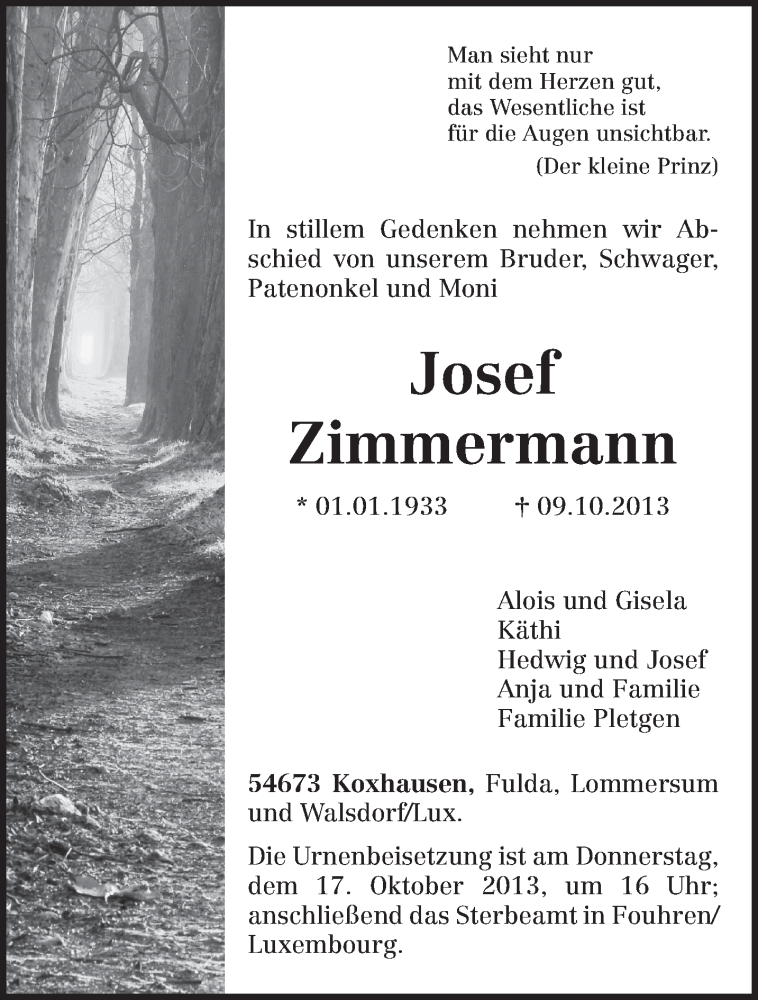  Traueranzeige für Josef Zimmermann vom 14.10.2013 aus TRIERISCHER VOLKSFREUND