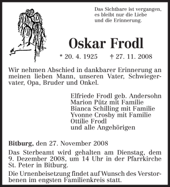 Traueranzeige von Oskar Frodl von TRIERISCHER VOLKSFREUND