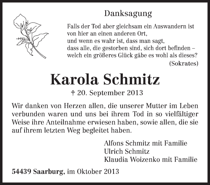  Traueranzeige für Karola Schmitz vom 19.10.2013 aus trierischer_volksfreund