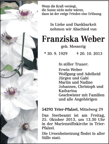Traueranzeige von Franziska Weber von trierischer_volksfreund