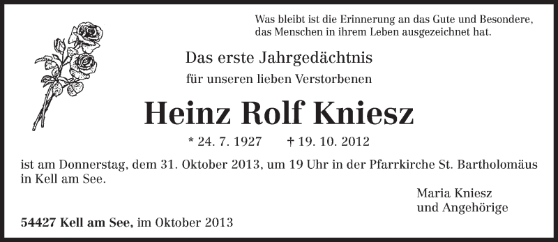  Traueranzeige für Heinz Rolf Kniesz vom 26.10.2013 aus trierischer_volksfreund