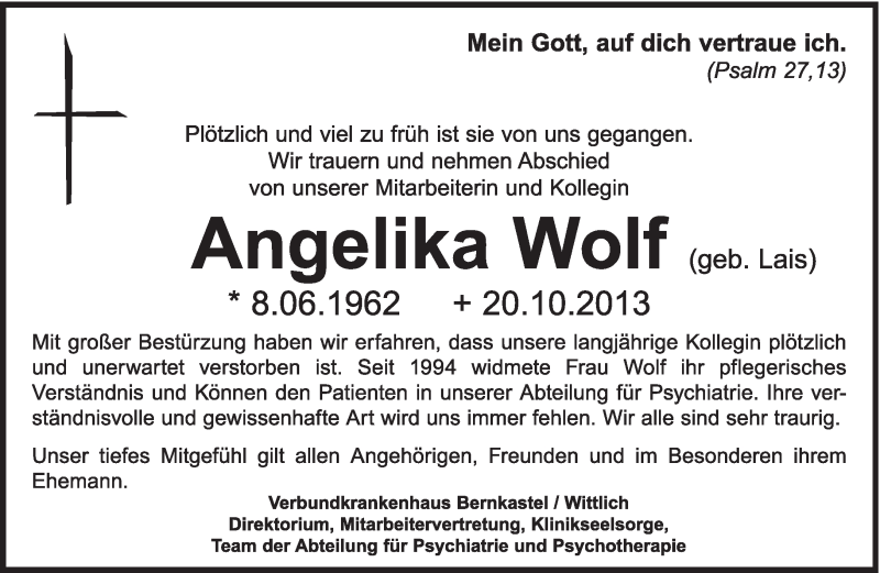 Traueranzeige für Angelika Wolf vom 26.10.2013 aus trierischer_volksfreund