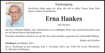 Traueranzeige von Erna Hankes von trierischer_volksfreund