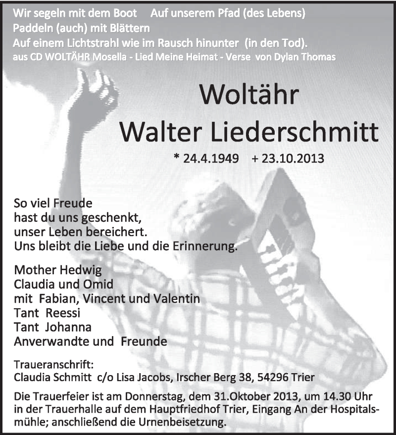 Traueranzeige für Walter Liederschmitt vom 28.10.2013 aus trierischer_volksfreund