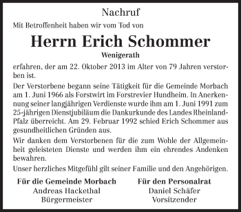 Traueranzeige von Erich Schommer von trierischer_volksfreund
