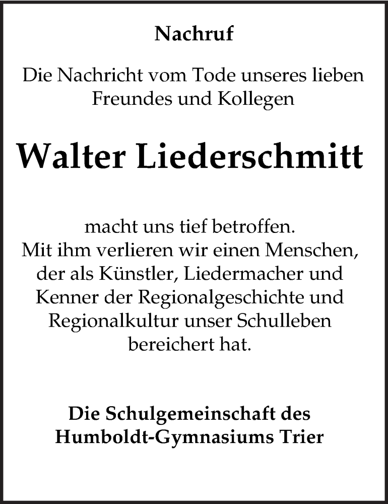  Traueranzeige für Walter Liederschmitt vom 29.10.2013 aus trierischer_volksfreund