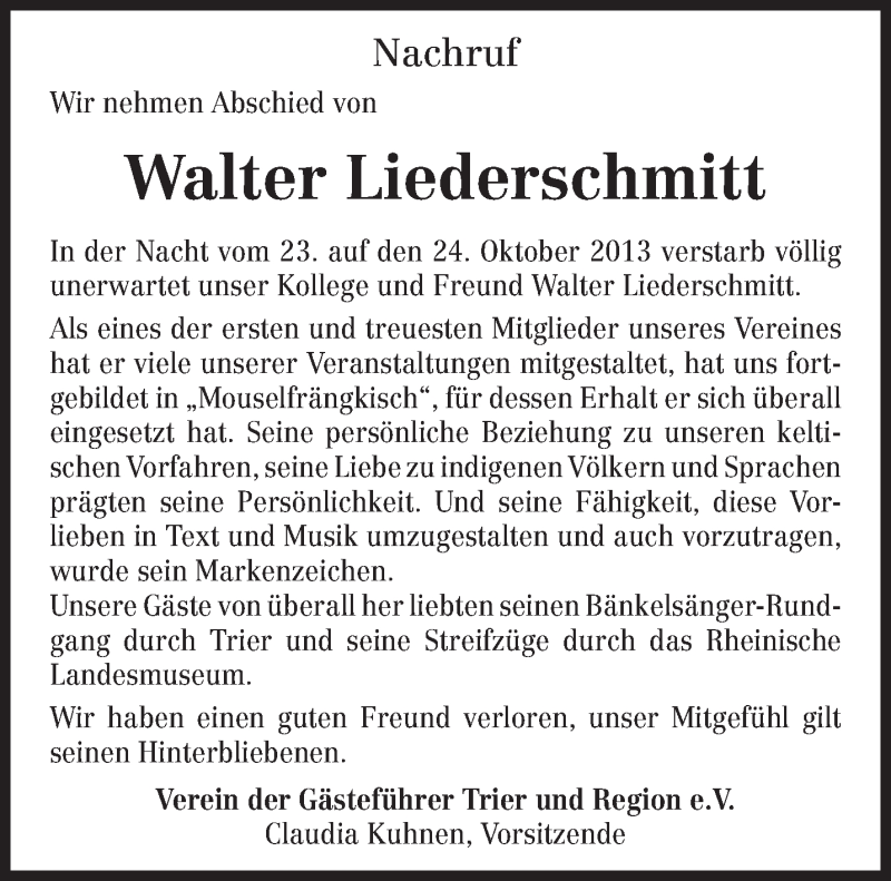  Traueranzeige für Walter Liederschmitt vom 30.10.2013 aus trierischer_volksfreund