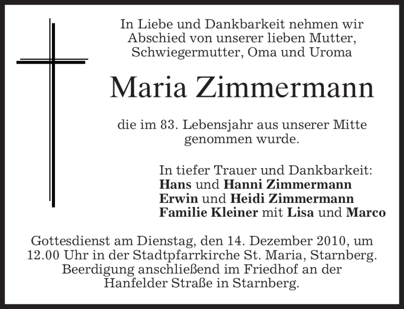  Traueranzeige für Maria Zimmermann vom 11.12.2010 aus TRIERISCHER VOLKSFREUND