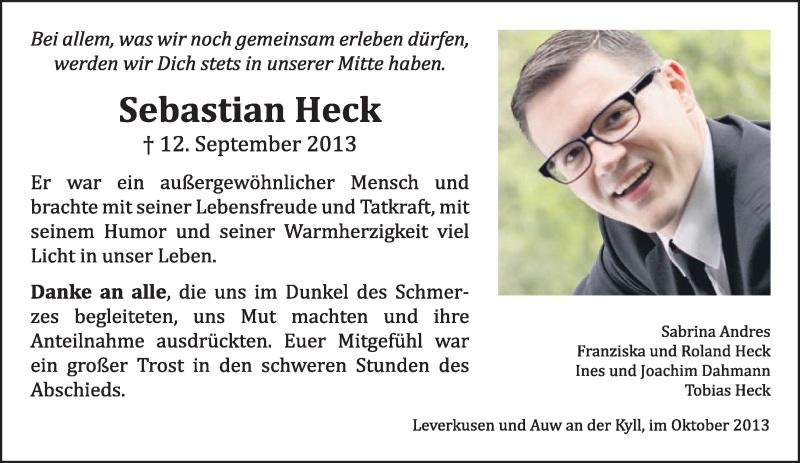  Traueranzeige für Sebastian Heck vom 31.10.2013 aus trierischer_volksfreund