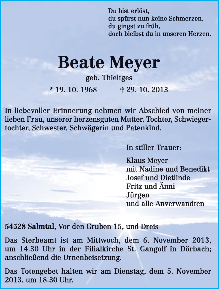  Traueranzeige für Beate Meyer vom 02.11.2013 aus trierischer_volksfreund