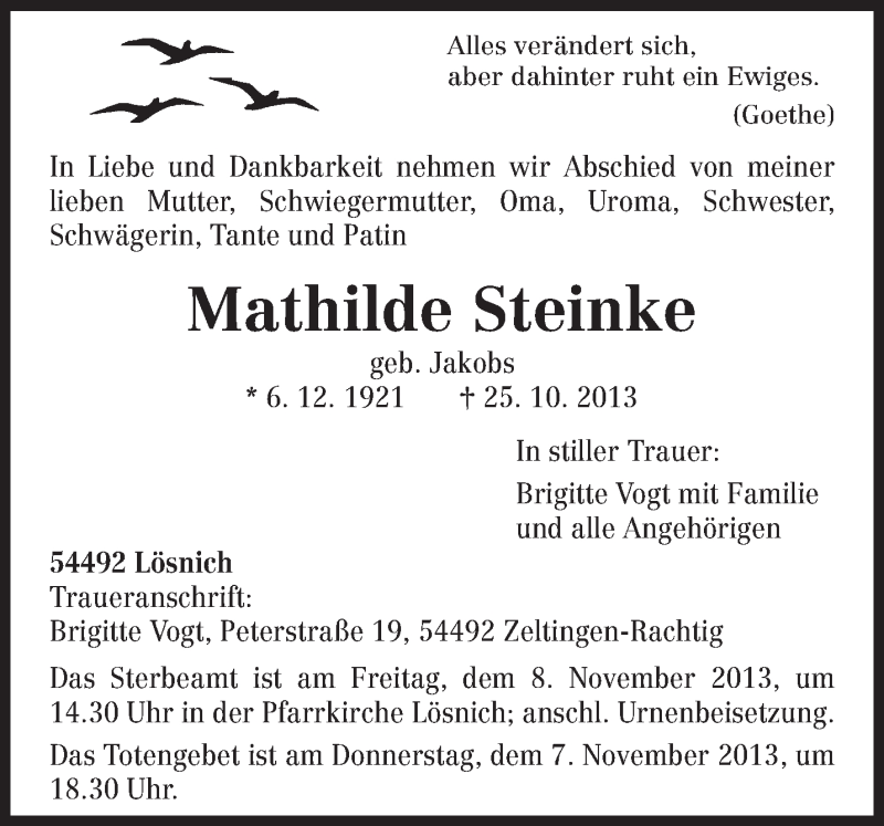  Traueranzeige für Mathilde Steinke vom 05.11.2013 aus trierischer_volksfreund