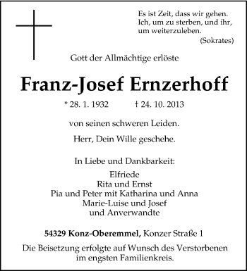 Traueranzeige von Franz-Josef Ernzerhoff von trierischer_volksfreund