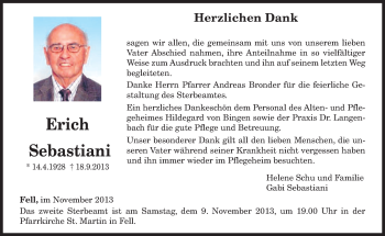 Traueranzeige von Erich Sebastiani von trierischer_volksfreund
