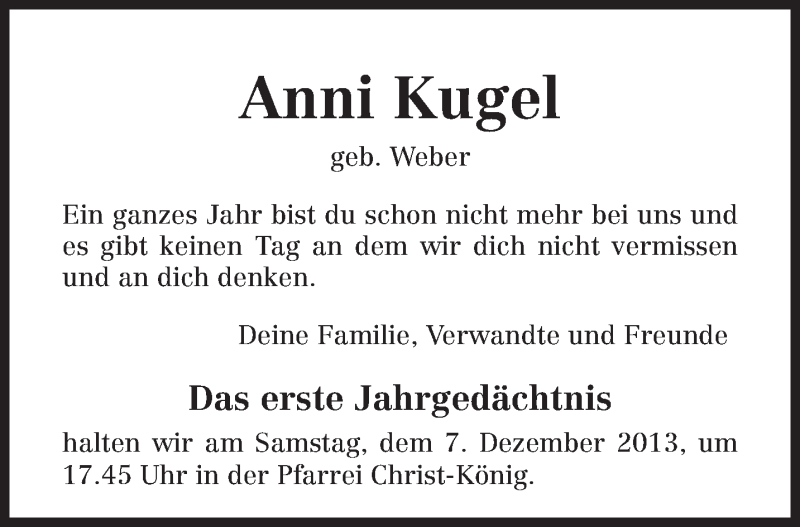  Traueranzeige für Anni Kugel geb. Weber vom 05.11.2013 aus trierischer_volksfreund