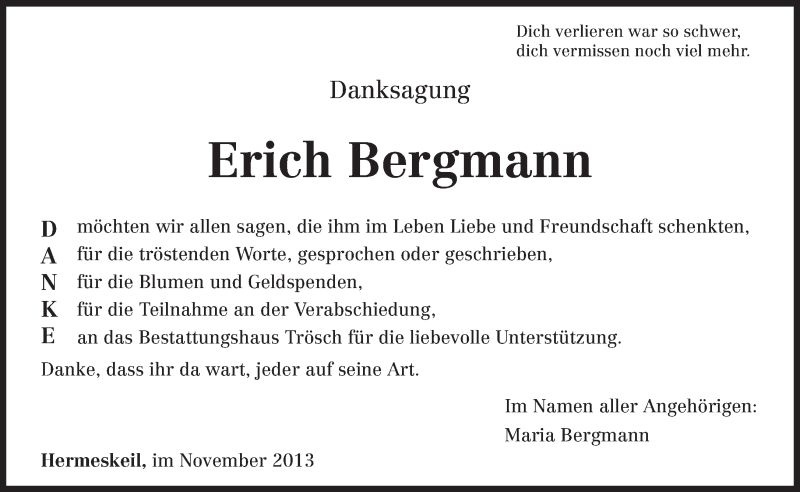  Traueranzeige für Erich Bergmann vom 09.11.2013 aus trierischer_volksfreund