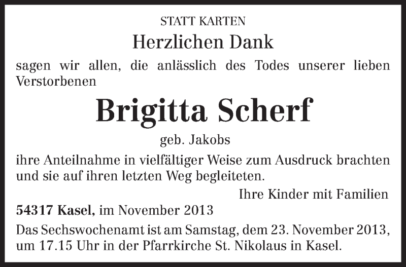  Traueranzeige für Brigitta Scherf vom 15.11.2013 aus trierischer_volksfreund