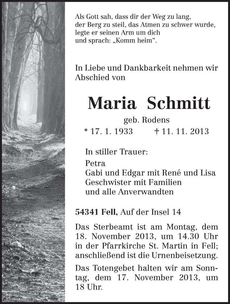  Traueranzeige für Maria  Schmitt vom 13.11.2013 aus trierischer_volksfreund
