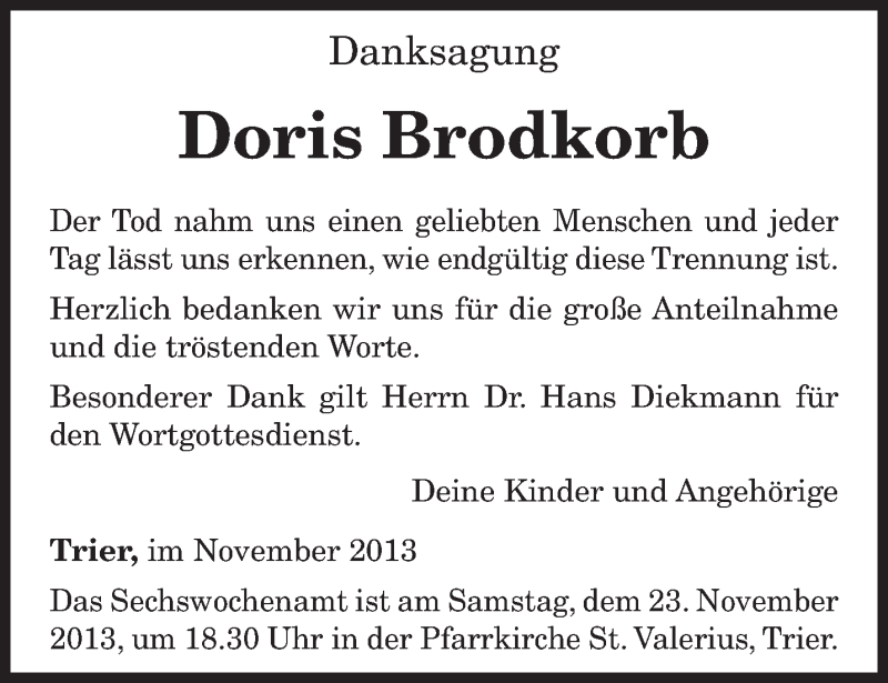  Traueranzeige für Doris Brodkorb vom 20.11.2013 aus trierischer_volksfreund