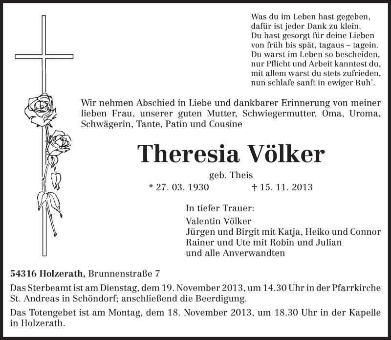 Traueranzeige für Theresia Völker vom 16.11.2013 aus trierischer_volksfreund