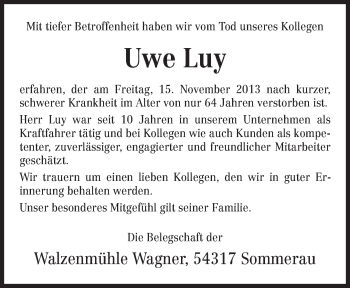 Traueranzeige von Uwe Luy von trierischer_volksfreund